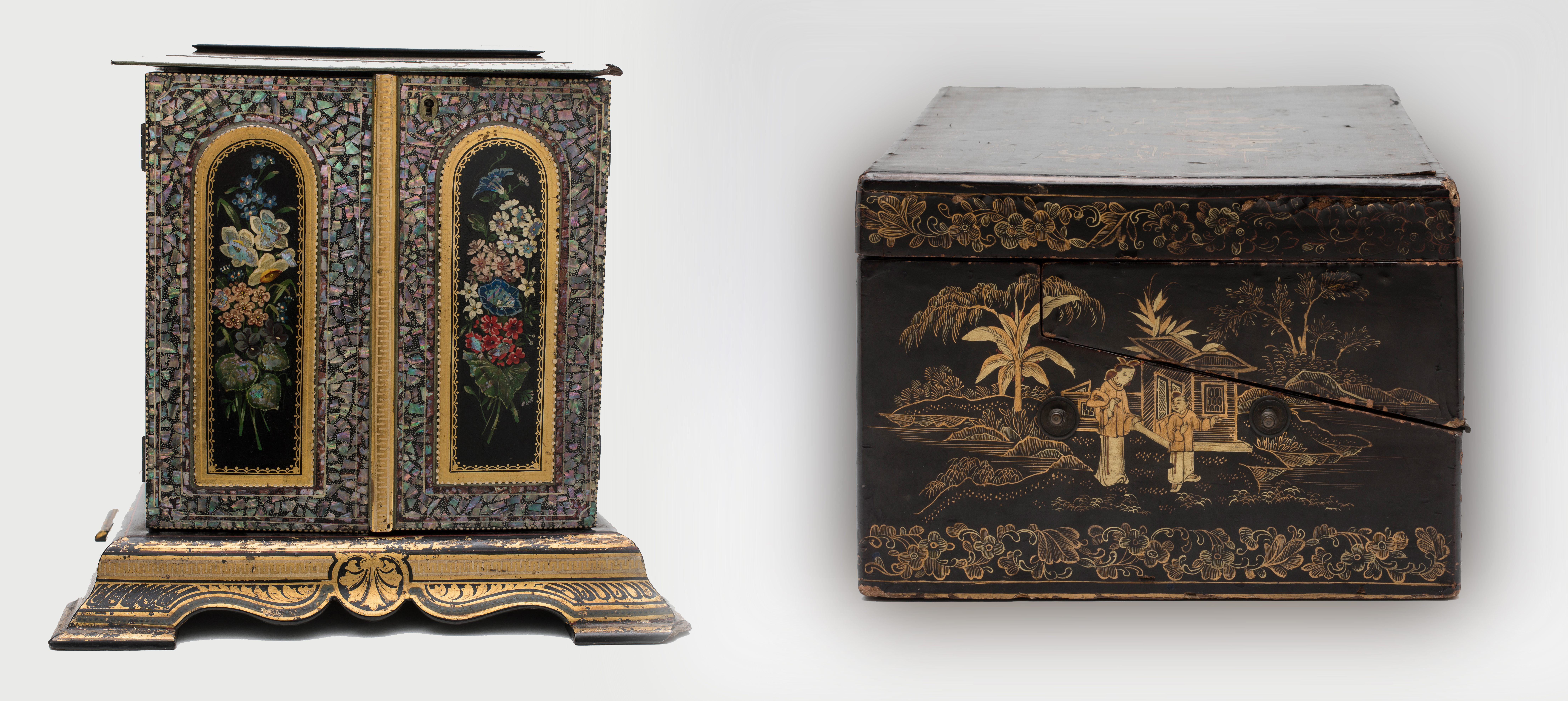 Two object images showing European made jaappned cabinet and Chinese made lacquer writing box.